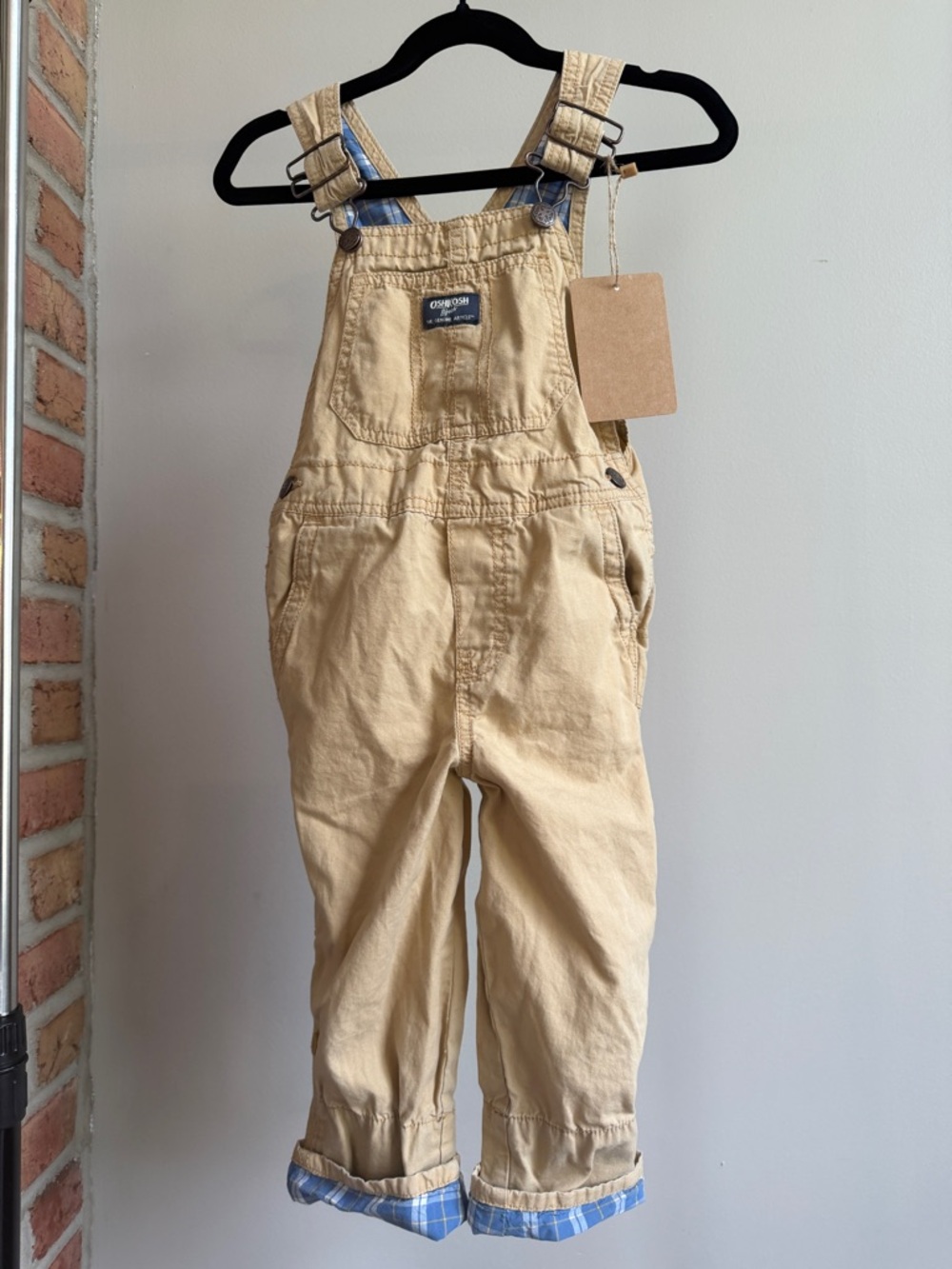 OshKosh B'gosh Khaki Overalls with Blue Plaid Lining